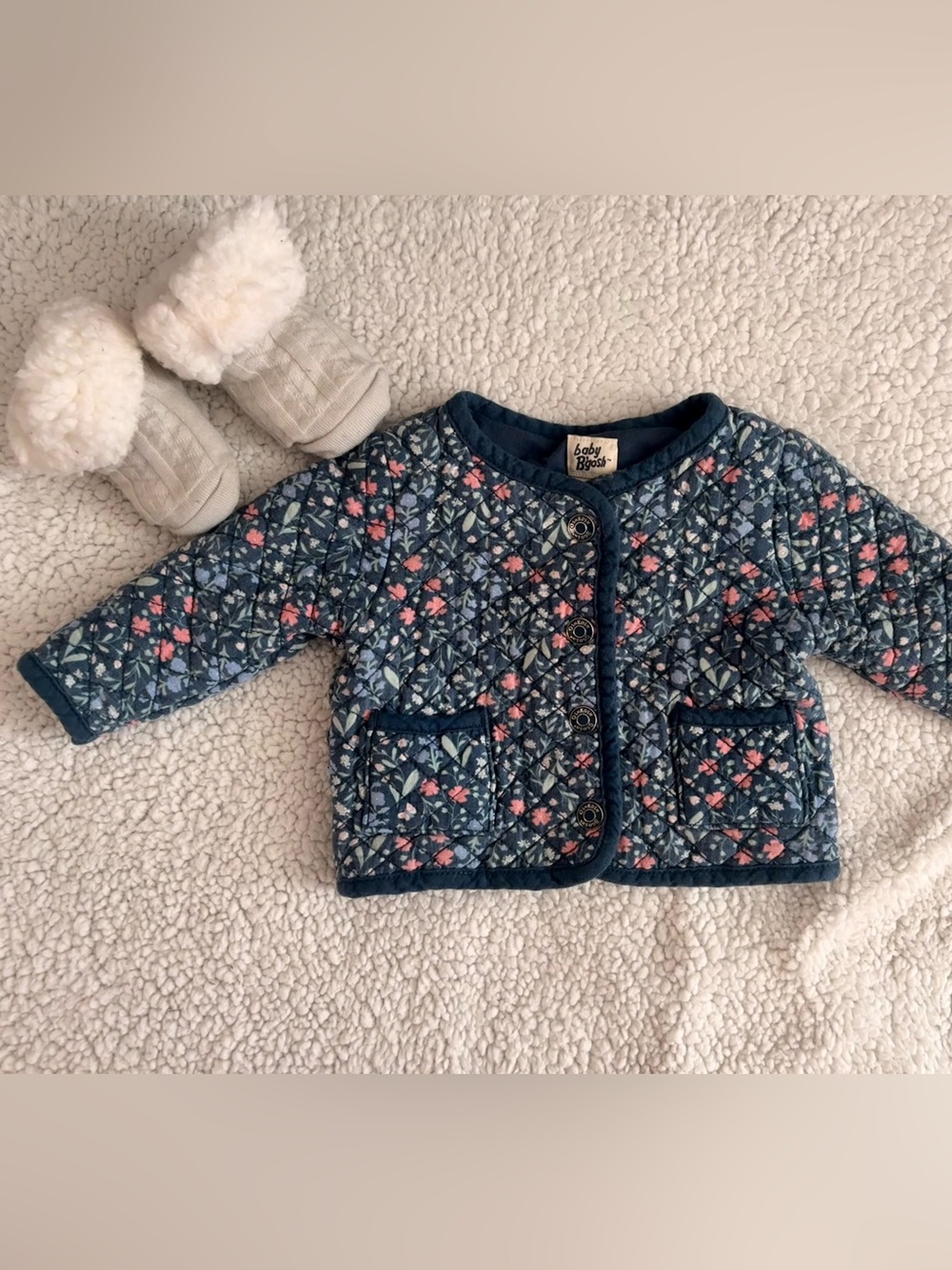 Quilted Floral Baby Jacket in Navy Blue
